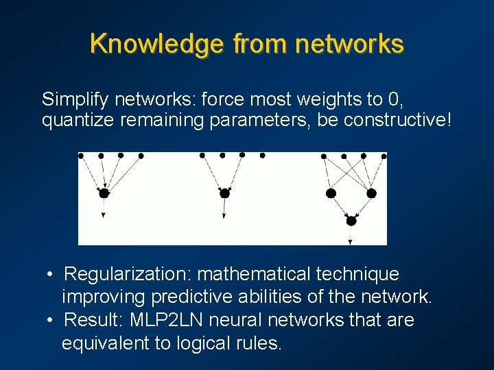 Knowledge from networks Simplify networks: force most weights to 0, quantize remaining parameters, be