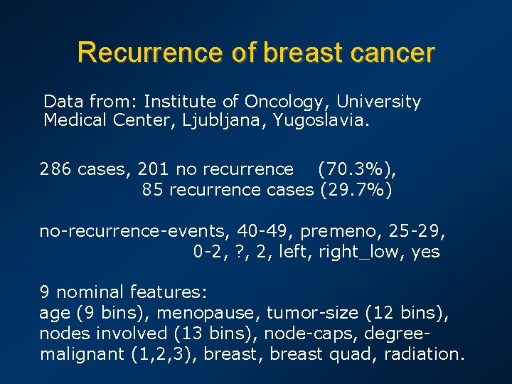 Recurrence of breast cancer Data from: Institute of Oncology, University Medical Center, Ljubljana, Yugoslavia.