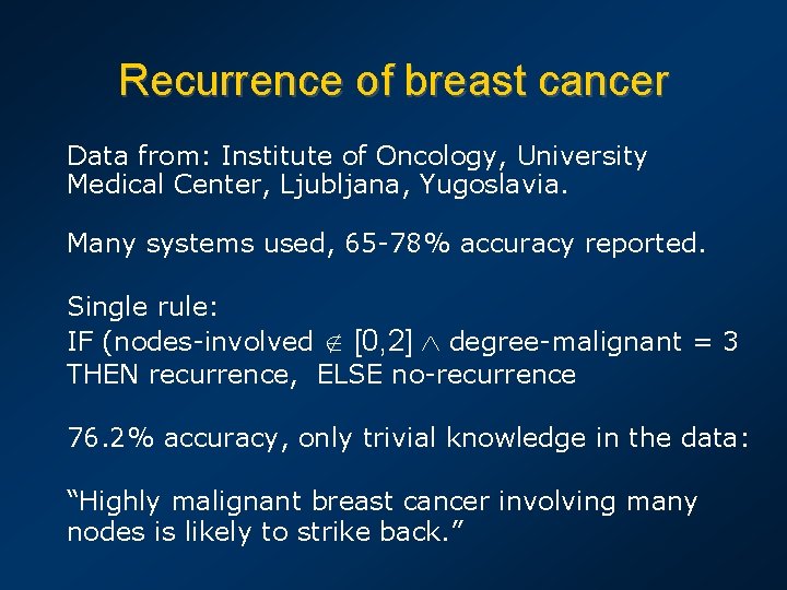 Recurrence of breast cancer Data from: Institute of Oncology, University Medical Center, Ljubljana, Yugoslavia.