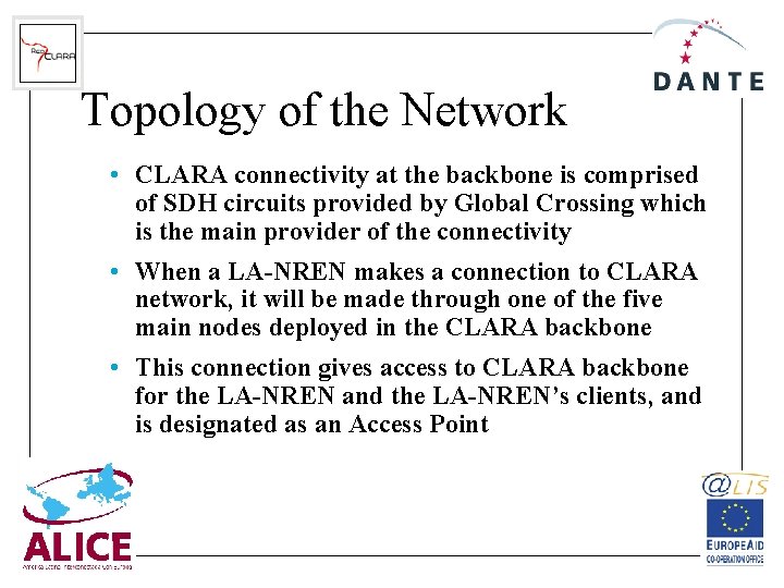 Topology of the Network • CLARA connectivity at the backbone is comprised of SDH