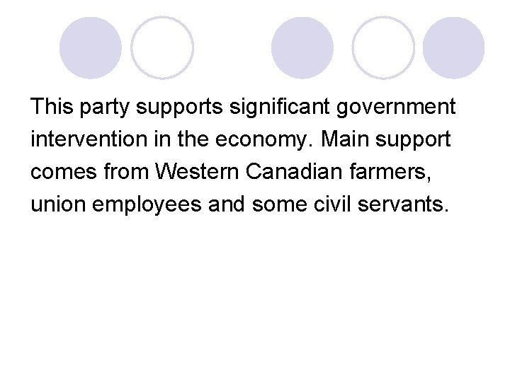 This party supports significant government intervention in the economy. Main support comes from Western