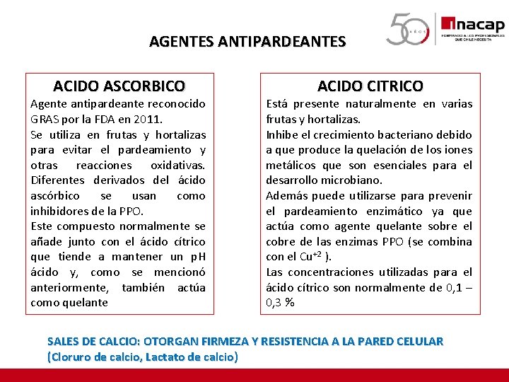 AGENTES ANTIPARDEANTES ACIDO ASCORBICO Agente antipardeante reconocido GRAS por la FDA en 2011. Se