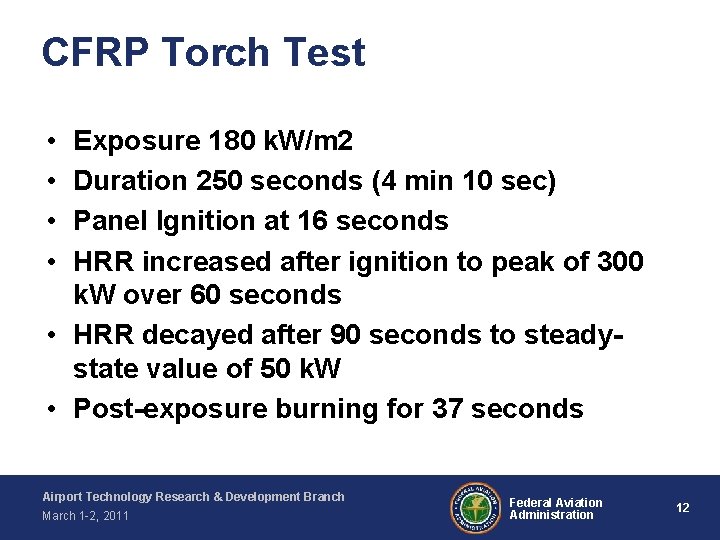 CFRP Torch Test • • Exposure 180 k. W/m 2 Duration 250 seconds (4