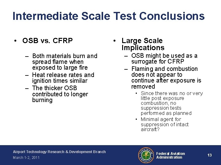 Intermediate Scale Test Conclusions • OSB vs. CFRP – Both materials burn and spread