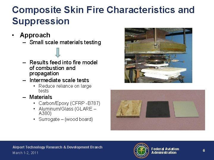 Composite Skin Fire Characteristics and Suppression • Approach – Small scale materials testing –