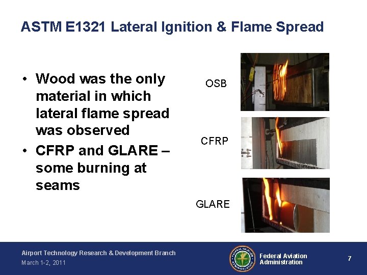 ASTM E 1321 Lateral Ignition & Flame Spread • Wood was the only material
