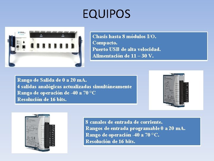 EQUIPOS Chasis hasta 8 módulos I/O. Compacto. Puerto USB de alta velocidad. Alimentación de