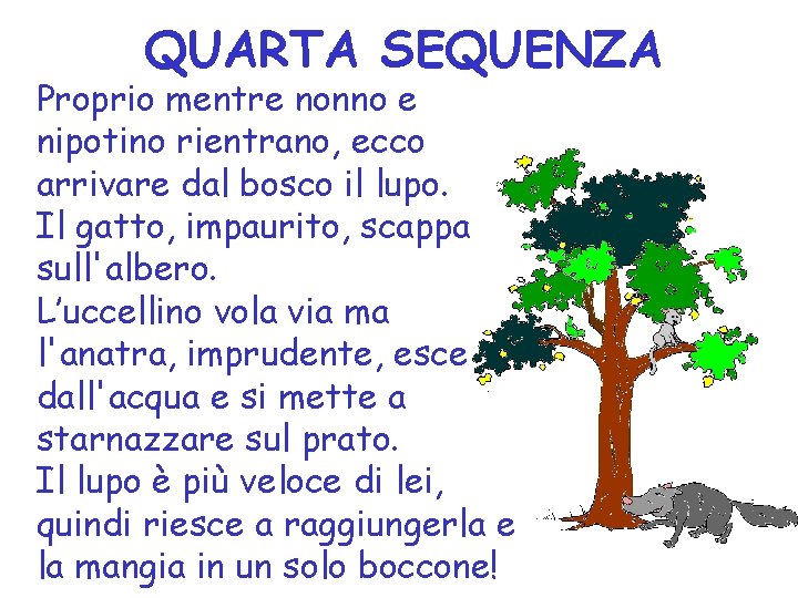 QUARTA SEQUENZA Proprio mentre nonno e nipotino rientrano, ecco arrivare dal bosco il lupo.