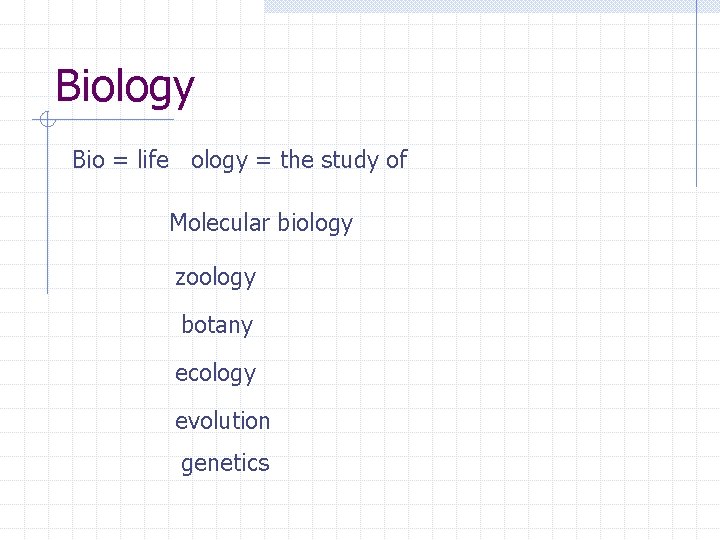 Biology Bio = life ology = the study of Molecular biology zoology botany ecology