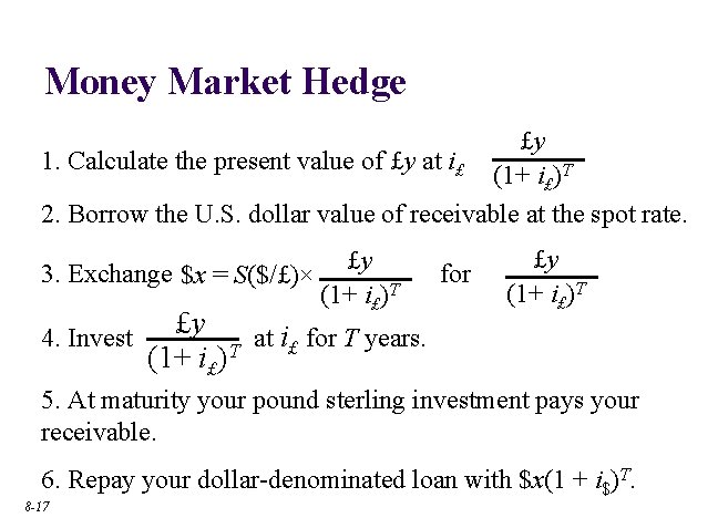 Money Market Hedge £y 1. Calculate the present value of £y at i£ (1+