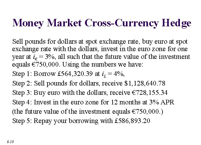 Money Market Cross-Currency Hedge Sell pounds for dollars at spot exchange rate, buy euro