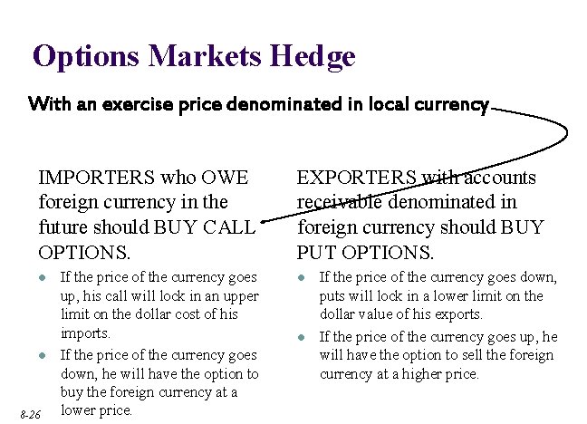 Options Markets Hedge With an exercise price denominated in local currency IMPORTERS who OWE