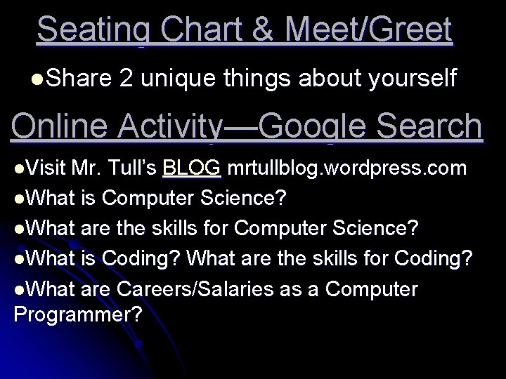 Seating Chart & Meet/Greet l. Share 2 unique things about yourself Online Activity—Google Search