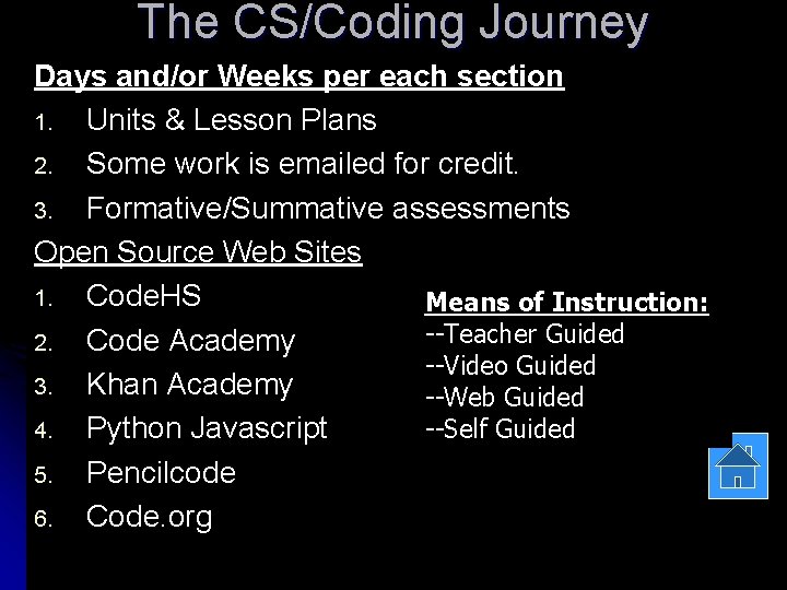 The CS/Coding Journey Days and/or Weeks per each section 1. Units & Lesson Plans