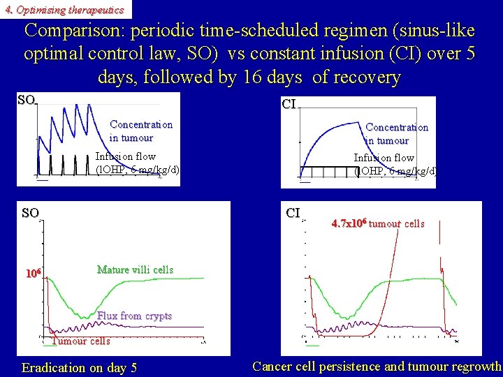 4. Optimising therapeutics Comparison: periodic time-scheduled regimen (sinus-like optimal control law, SO) vs constant