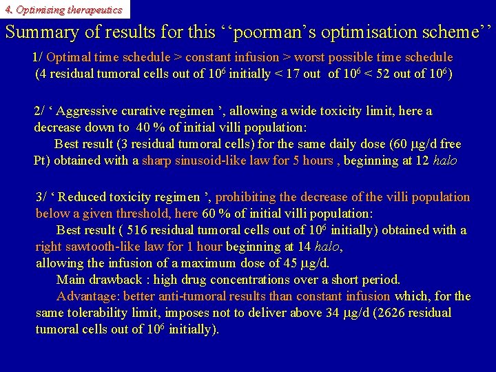 4. Optimising therapeutics Summary of results for this ‘‘poorman’s optimisation scheme’’ 1/ Optimal time