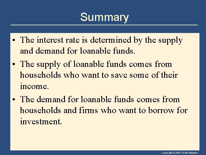 Summary • The interest rate is determined by the supply and demand for loanable