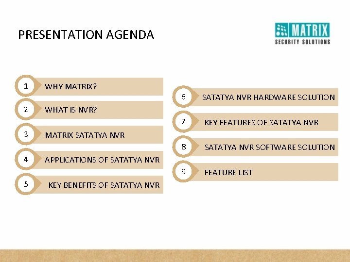 PRESENTATION AGENDA 1 WHY MATRIX? 6 SATATYA NVR HARDWARE SOLUTION 2 WHAT IS NVR?