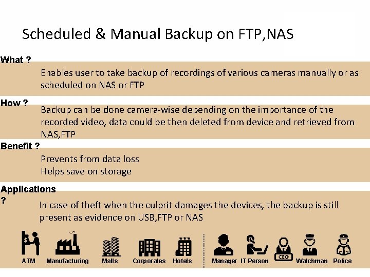 Scheduled & Manual Backup on FTP, NAS What ? Enables user to take backup