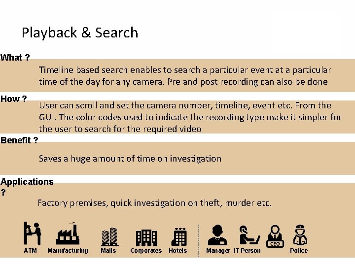 Playback & Search What ? Timeline based search enables to search a particular event