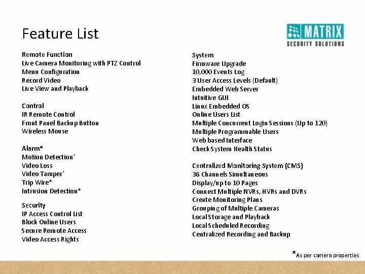 Feature List Remote Function Live Camera Monitoring with PTZ Control Menu Configuration Record Video