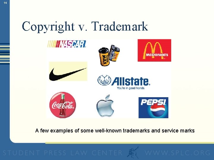 14 Copyright v. Trademark A few examples of some well-known trademarks and service marks