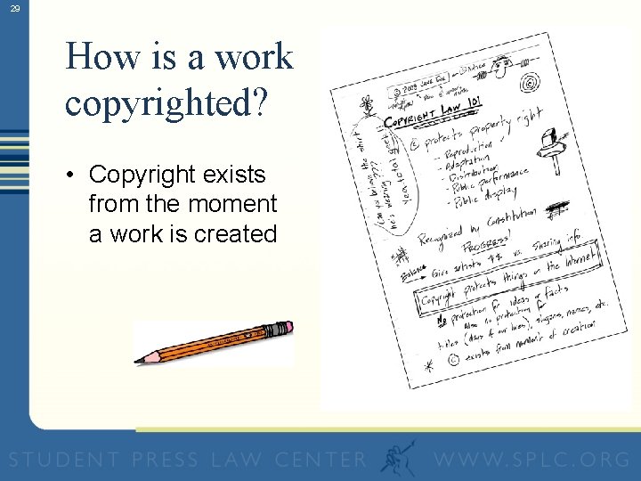 29 How is a work copyrighted? • Copyright exists from the moment a work