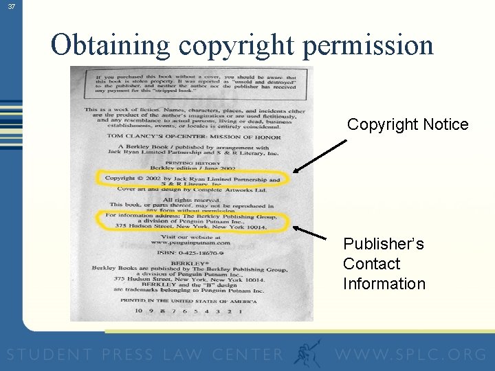 37 Obtaining copyright permission Copyright Notice Publisher’s Contact Information 