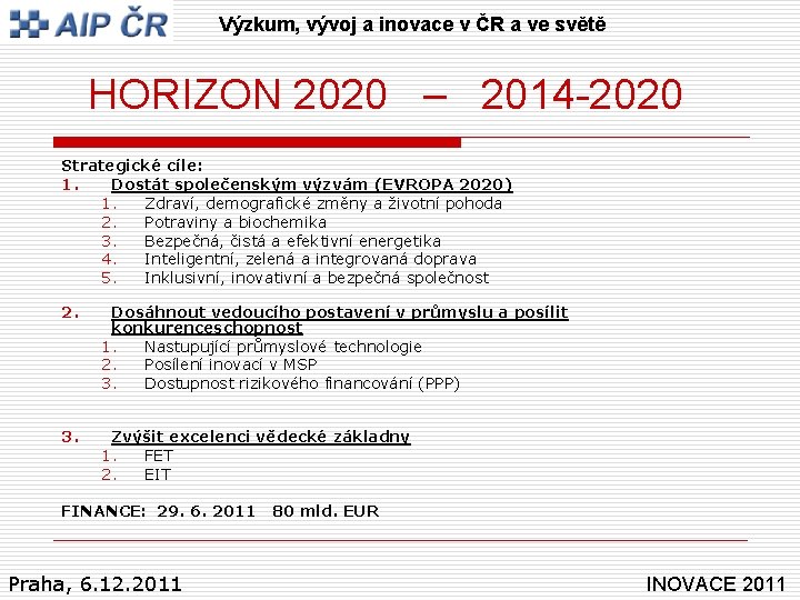 Výzkum, vývoj a inovace v ČR a ve světě HORIZON 2020 – 2014 -2020