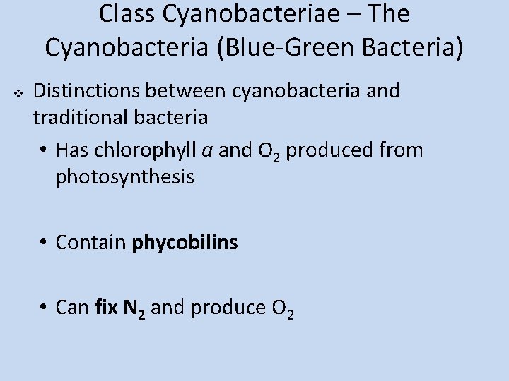 Class Cyanobacteriae – The Cyanobacteria (Blue-Green Bacteria) v Distinctions between cyanobacteria and traditional bacteria
