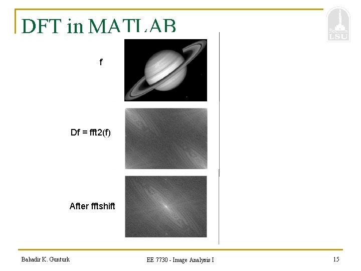 DFT in MATLAB f Df = fft 2(f) After fftshift Bahadir K. Gunturk EE