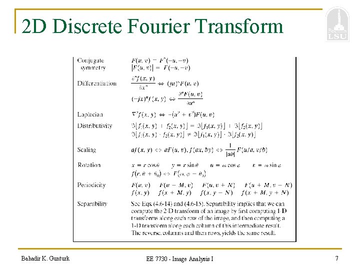 2 D Discrete Fourier Transform Bahadir K. Gunturk EE 7730 - Image Analysis I