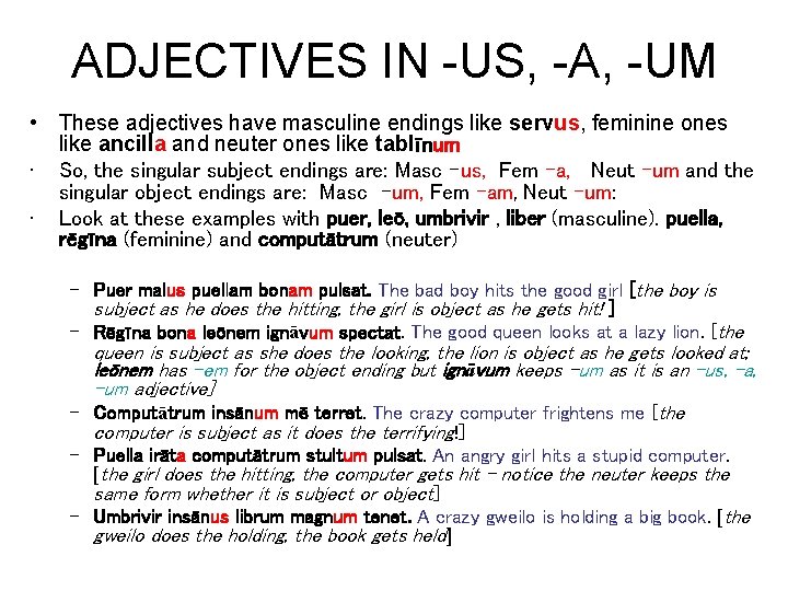 ADJECTIVES IN -US, -A, -UM • These adjectives have masculine endings like servus, feminine