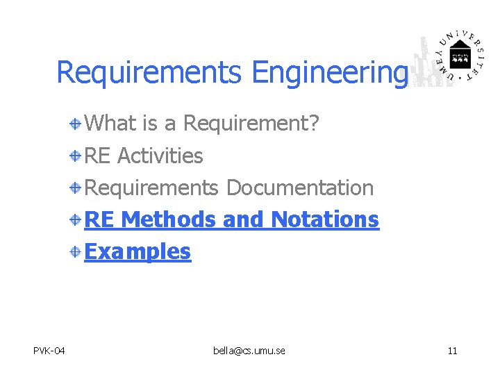 Requirements Engineering What is a Requirement? RE Activities Requirements Documentation RE Methods and Notations