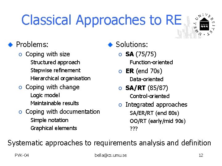 Classical Approaches to RE Problems: Solutions: o Coping with size o SA (75/75) Structured