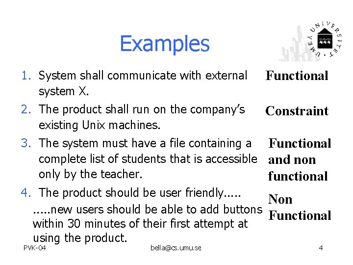 Examples 1. System shall communicate with external system X. Functional 2. The product shall