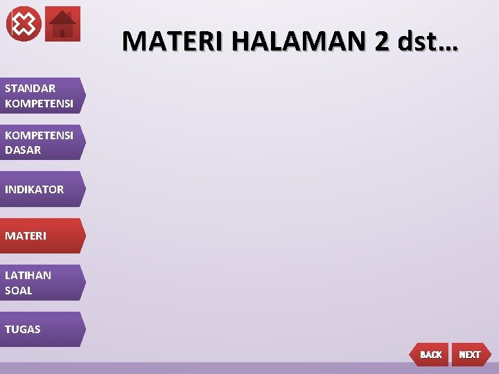 MATERI HALAMAN 2 dst… STANDAR KOMPETENSI DASAR INDIKATOR MATERI LATIHAN SOAL TUGAS BACK NEXT