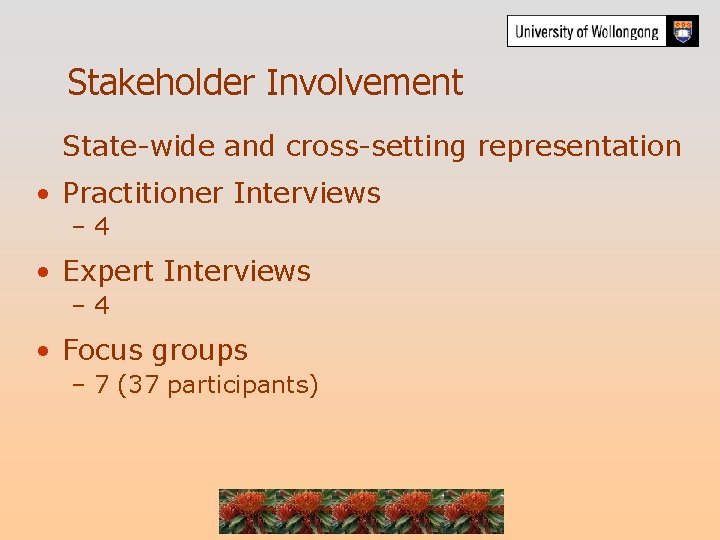 Stakeholder Involvement State-wide and cross-setting representation • Practitioner Interviews – 4 • Expert Interviews