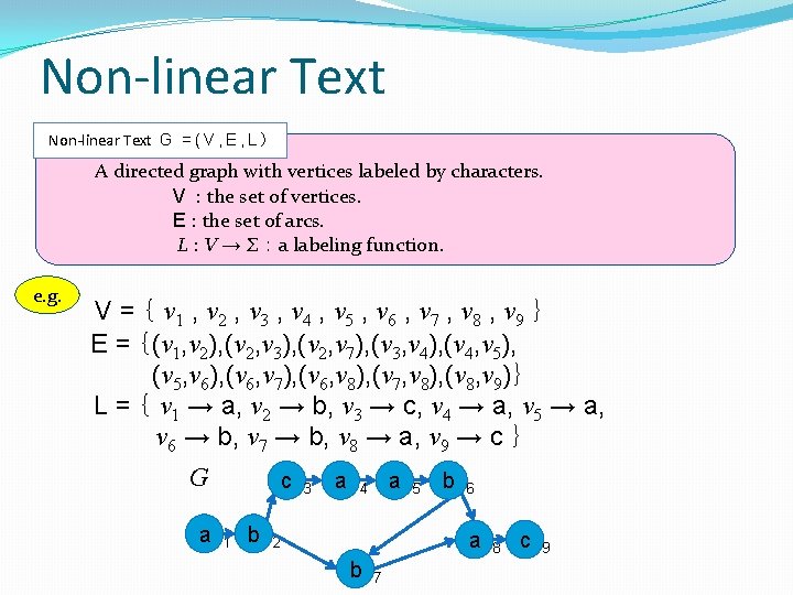 Non-linear Text G = ( V , E , L ） A directed graph