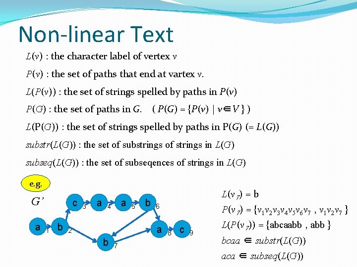 Non-linear Text L(v) : the character label of vertex v P(v) : the set