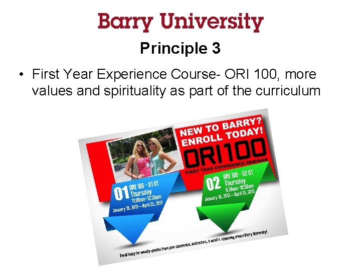 Principle 3 • First Year Experience Course- ORI 100, more values and spirituality as