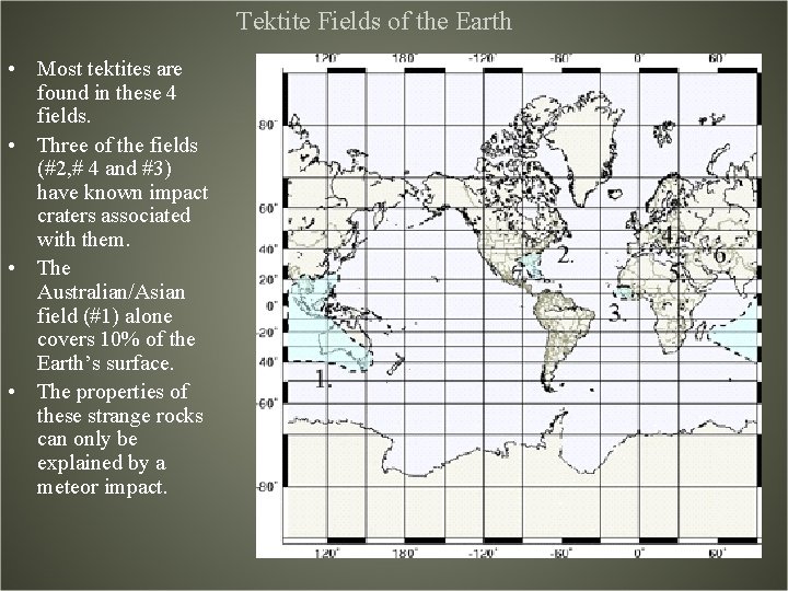 Tektite Fields of the Earth • Most tektites are found in these 4 fields.