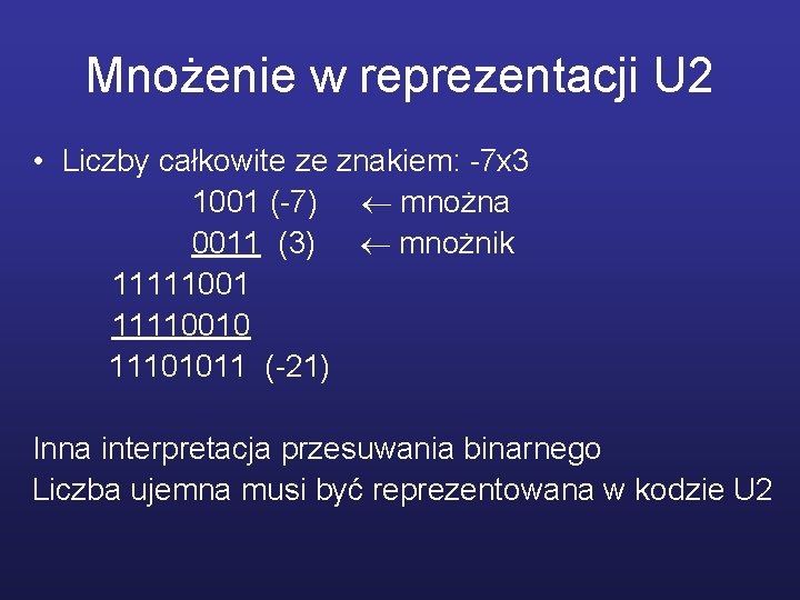 Mnożenie w reprezentacji U 2 • Liczby całkowite ze znakiem: -7 x 3 1001