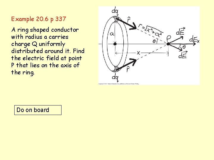Example 20. 6 p 337 A ring shaped conductor with radius a carries charge