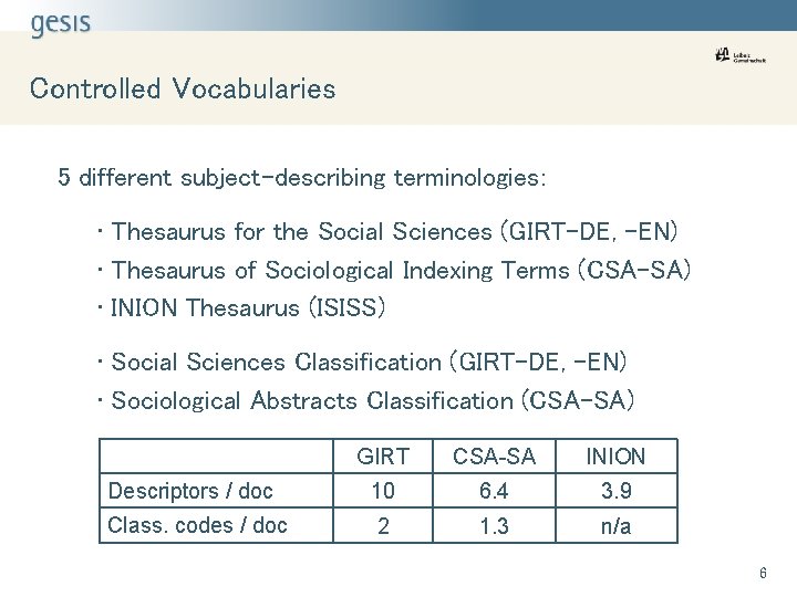 Controlled Vocabularies 5 different subject-describing terminologies: • Thesaurus for the Social Sciences (GIRT-DE, -EN)