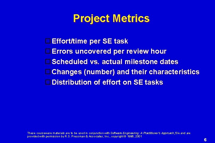 Project Metrics Effort/time per SE task Errors uncovered per review hour Scheduled vs. actual