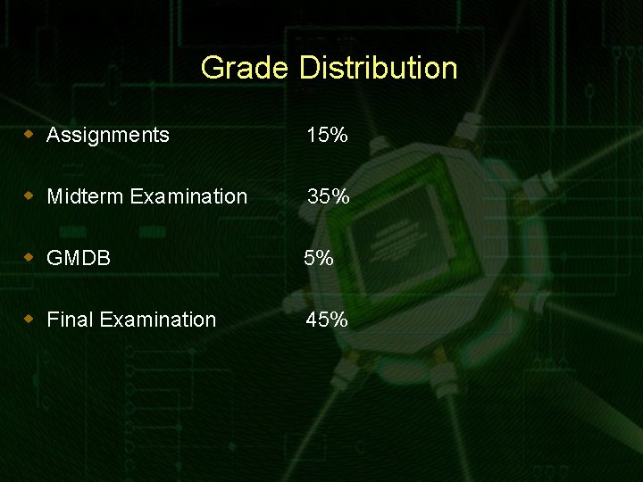 Grade Distribution w Assignments 15% w Midterm Examination 35% w GMDB 5% w Final