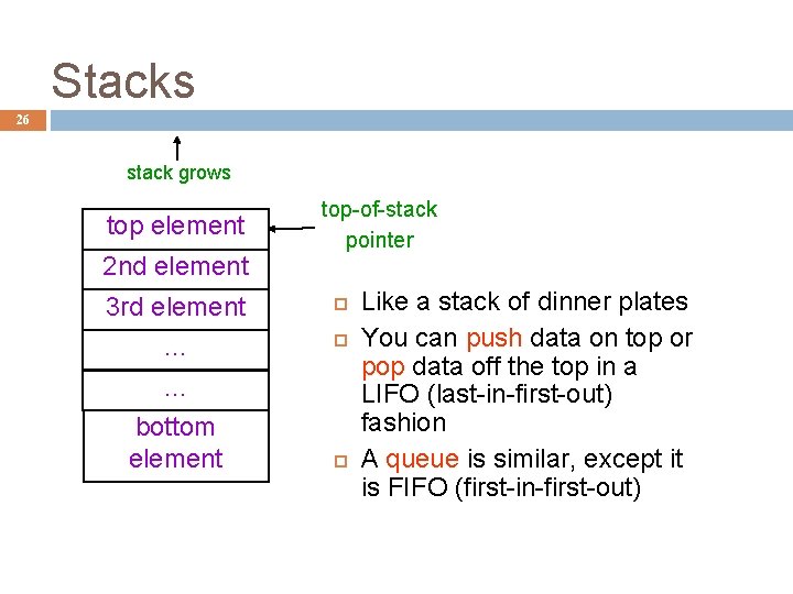 Stacks 26 stack grows top element 2 nd element top-of-stack pointer 3 rd element