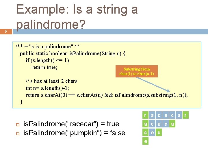 5 Example: Is a string a palindrome? /** = "s is a palindrome" */