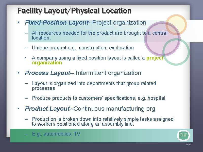 Facility Layout/Physical Location • Fixed-Position Layout--Project organization – All resources needed for the product